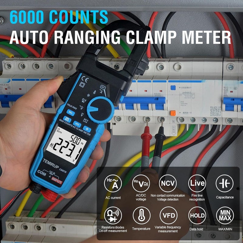 Temirup Digital Clamp Meter Multimeter - Auto-ranging 6000 Counts Amp Voltage Tester with D-Shaped Jaw VFD Mode, Measuring NCV, AC/DC Voltage AC Current Temperature Capacitance Resistance Continuity - Image 3